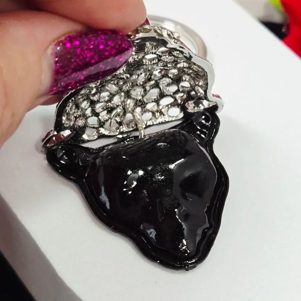 Silver Leopard Head Rhinestone Bag Charm Keychain Black Crystal Animal Keyring